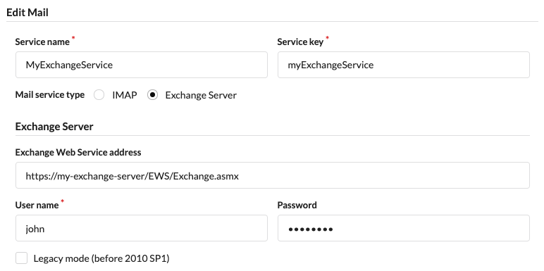 Creating/editing an Exchange mail-service