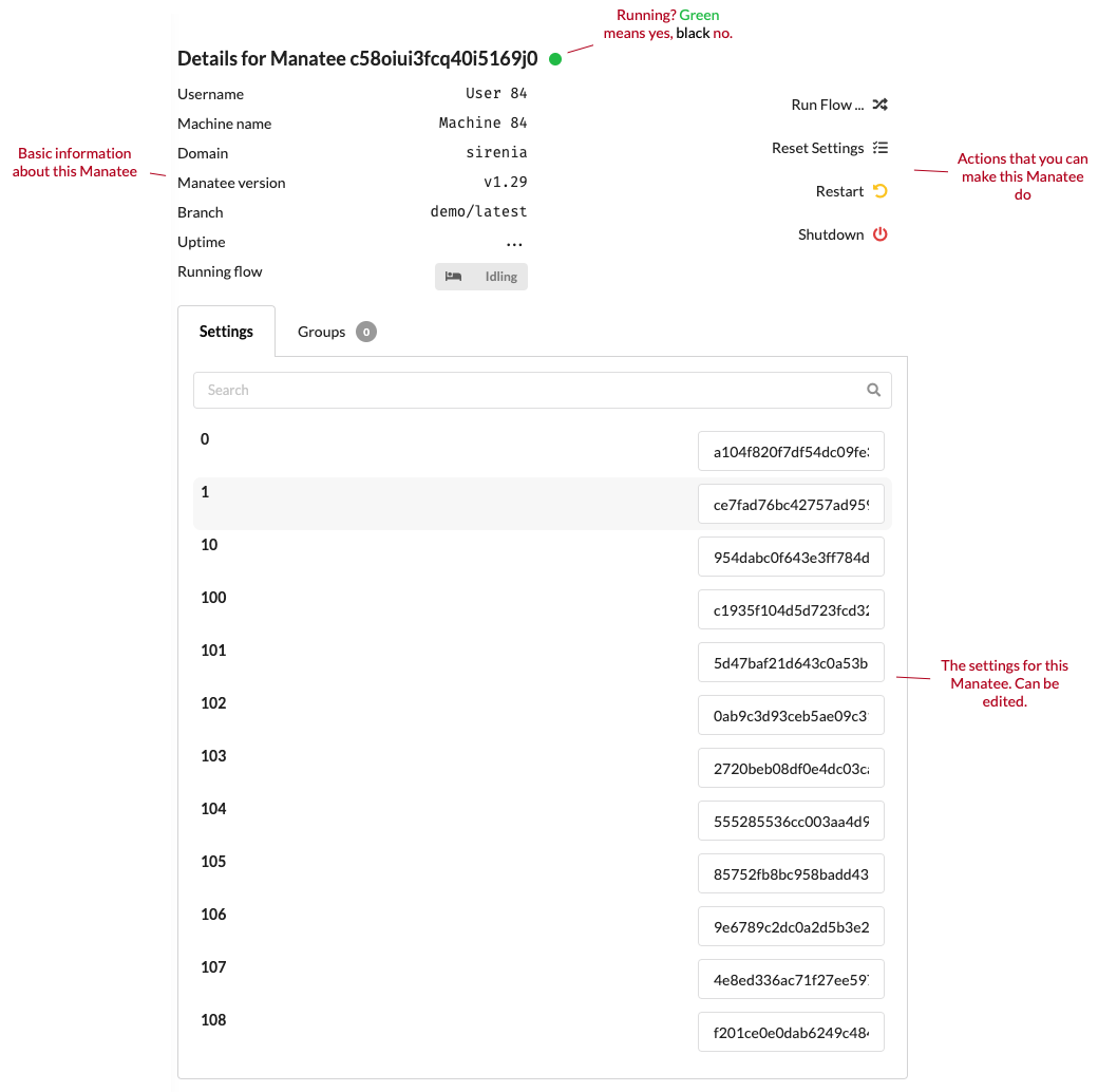 Information and actions for a single running Manatee instance