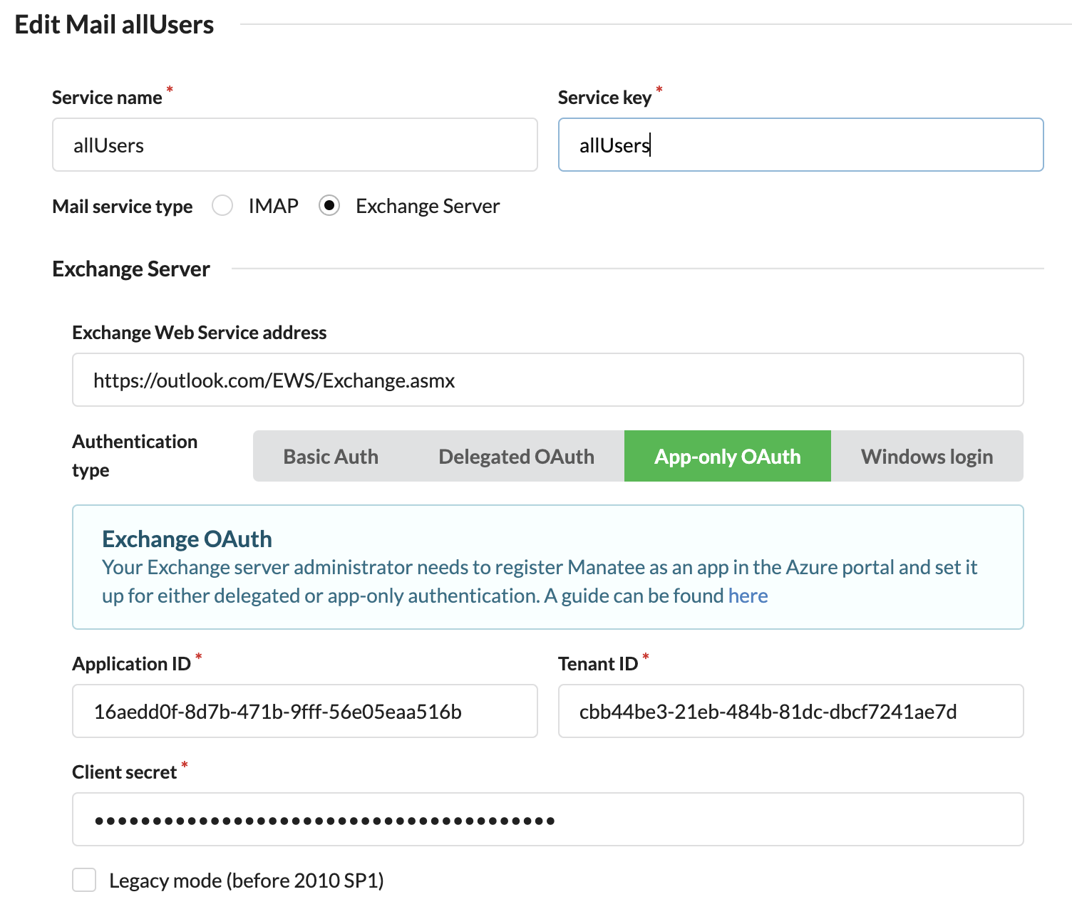 Creating/editing an Exchange mail-service