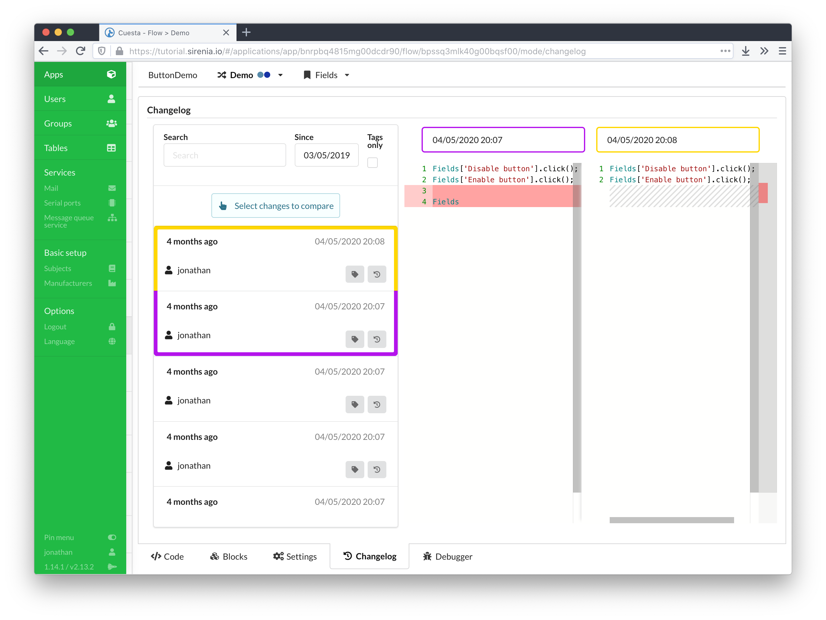 Flow changelog view