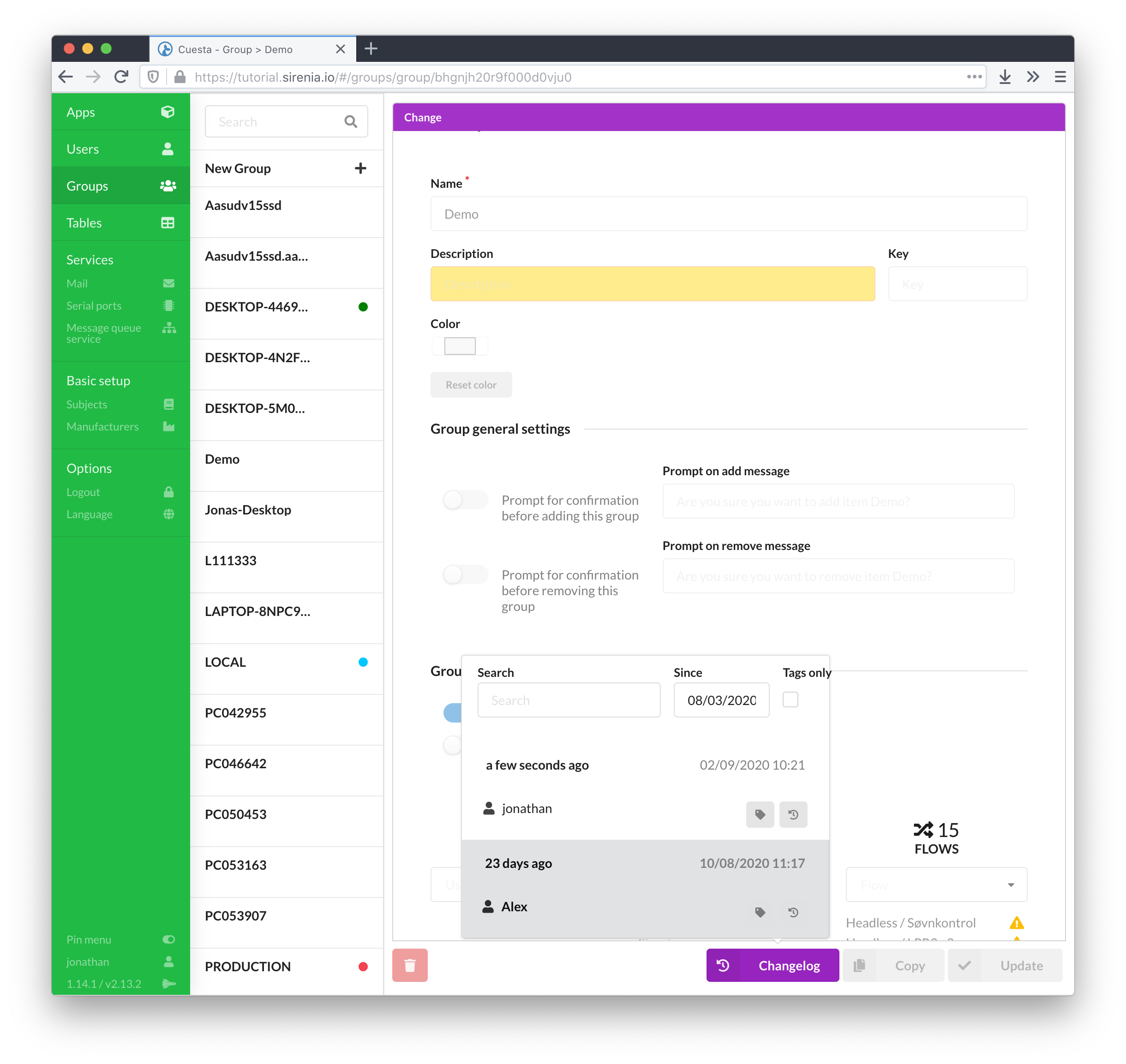 Group changelog view